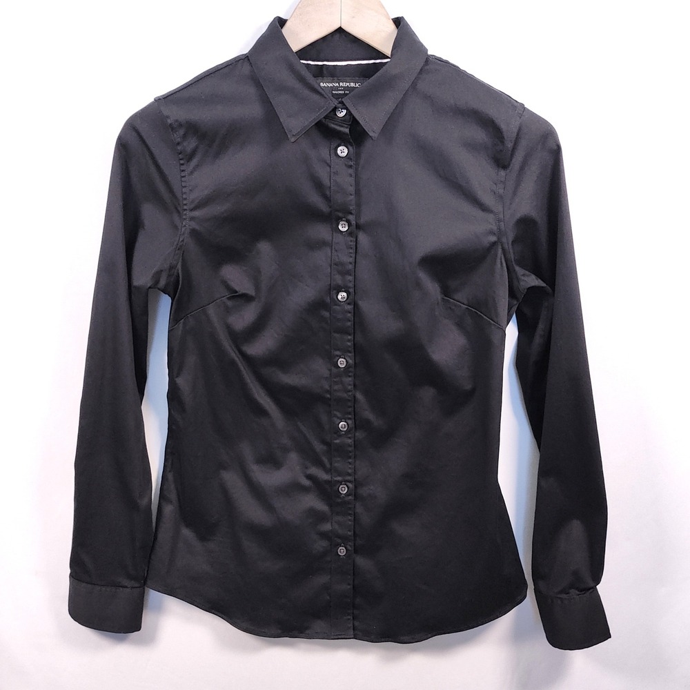 Banana Republic Shirt Women's 6 Button-Up Black Tailored Fit Stretch Long Sleeve